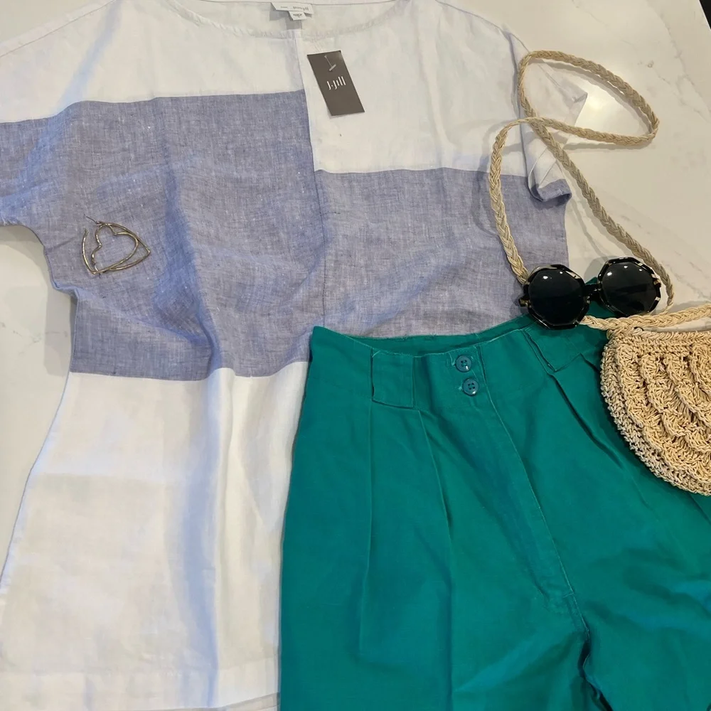 PURE JILL Top - White Linen Short Sleeve Pullover, Blue Color Block, Small‎ - Picture 8 of 8